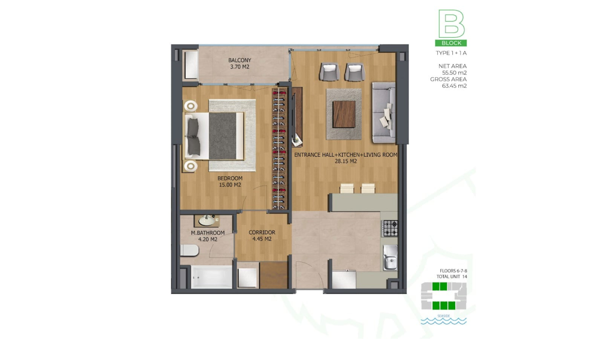 Jednosobni apartmani u kompleksu sa hotelskim konceptom, od 41,5 m², 800 m od mora — Bar 9