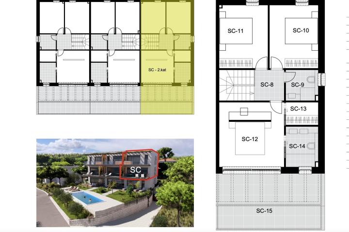 Šibenik-okolica, stan 148, 9 m2 zgrada s bazenom, 50m od mora