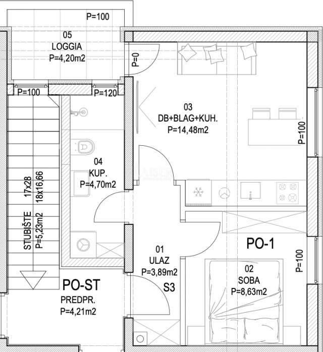 Barban - novogradnja, 1S+DB s lođom, 36 m2