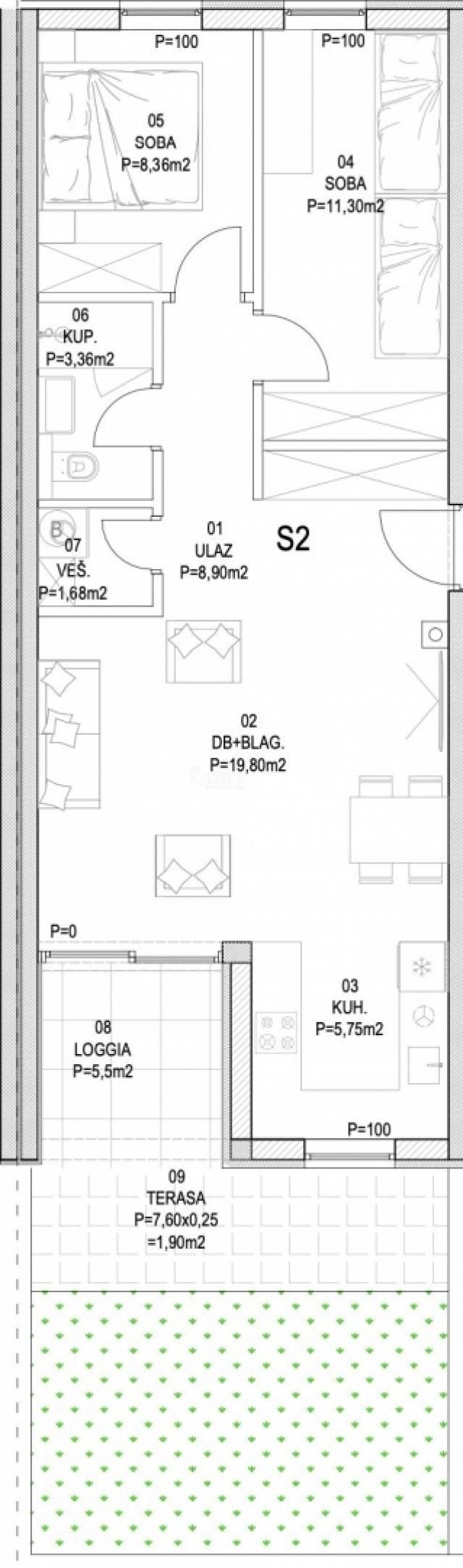 Barban - Neubau, 2 Schlafzimmer mit Terrasse, 67 m2