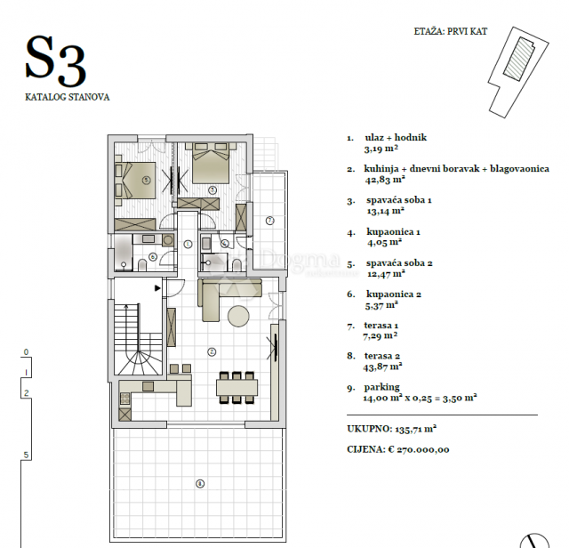 VODICE NOVI PREKRASNI DVOSOBAN STAN NA PRVOM KATU S3 135, 71 M2