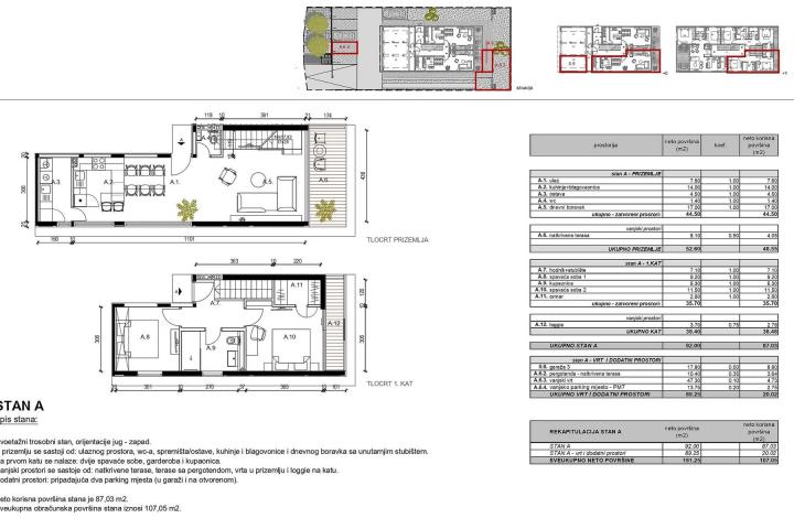 Rovinj, trosobni dvoetažni stan A u prizemlju NKP 107 m2 novogradnja, parkirno i garažno mjesto, vrt