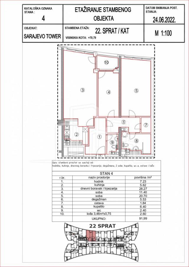 Trosoban stan Sarajevo Tower 91. 99m2 prodaja Novo Sarajevo