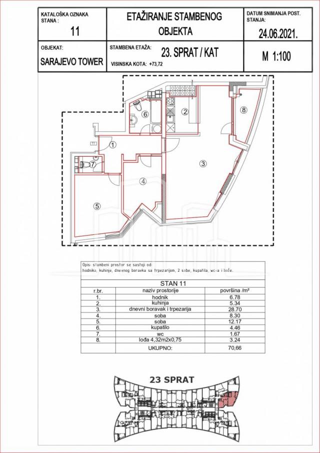 Sarajevo Tower trosoban stan 70. 66m2 Novo Sarajevo prodaja
