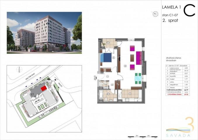 Novi Beograd, SAVADA 3, Tošin Bunar, 2. 0, 69. 90m2, NOVOGRADNJA