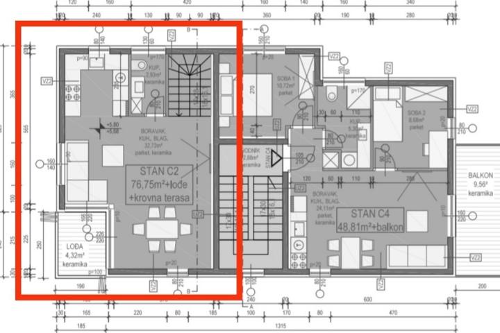 Zadar, Vir – Dvoetažni apartman C2 površine 81, 07 m2 s pripadajućom krovnom terasom površine 30 m2 