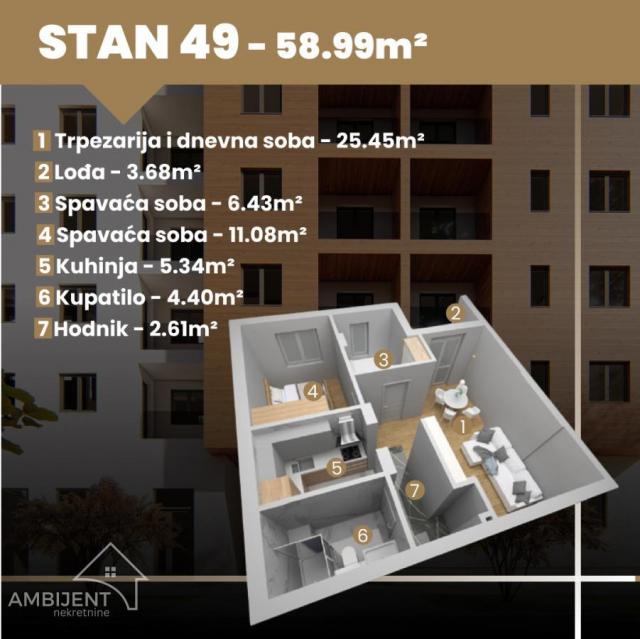 Dvoiposoban stan u centru Stare Pazove, 59m2