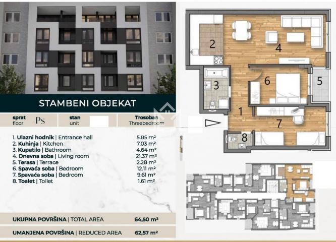 Trosoban stan, 62. 57 m2, četvrti sprat, sa PDV-om