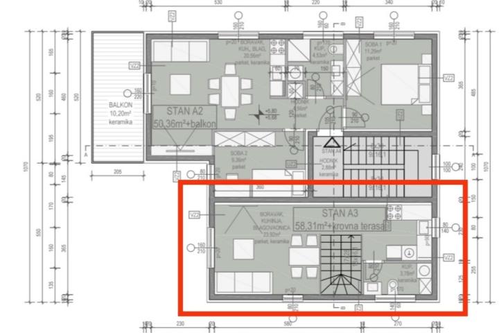 Zadar, Vir – Dvoetažni apartman A3 od 58, 3 m2 s krovnom terasom od 26, 7 m2