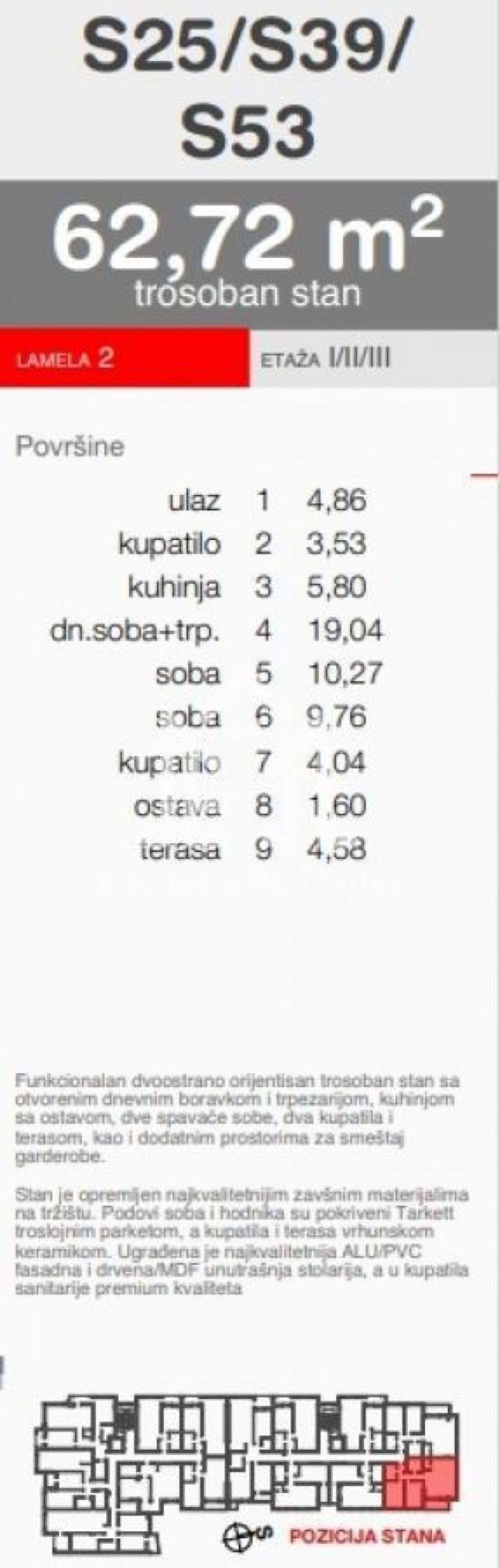 Trosoban stan, 62. 72m2 centar grada