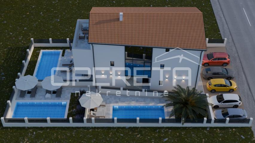 Novogradnja, trosoban stan s bazenom, prizemlje, 110 m2, vrt, Mandre, Pag