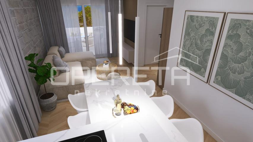 Novogradnja, trosoban stan s bazenom, prizemlje, 110 m2, vrt, Mandre, Pag