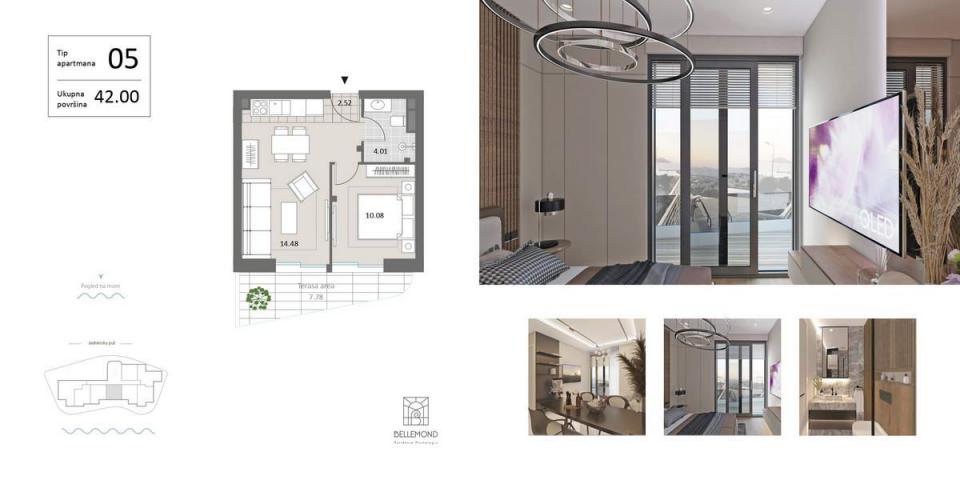 Jednosoban stan 69m2 sa pogledom na more, u novom ekskluzivnom kompleksu, na prvoj liniji mora, Beci