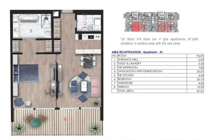 Dvosoban stan 134.55m2 u novom Hotelsko apartmanskom kompleksu na prvoj liniji do mora u Budvi