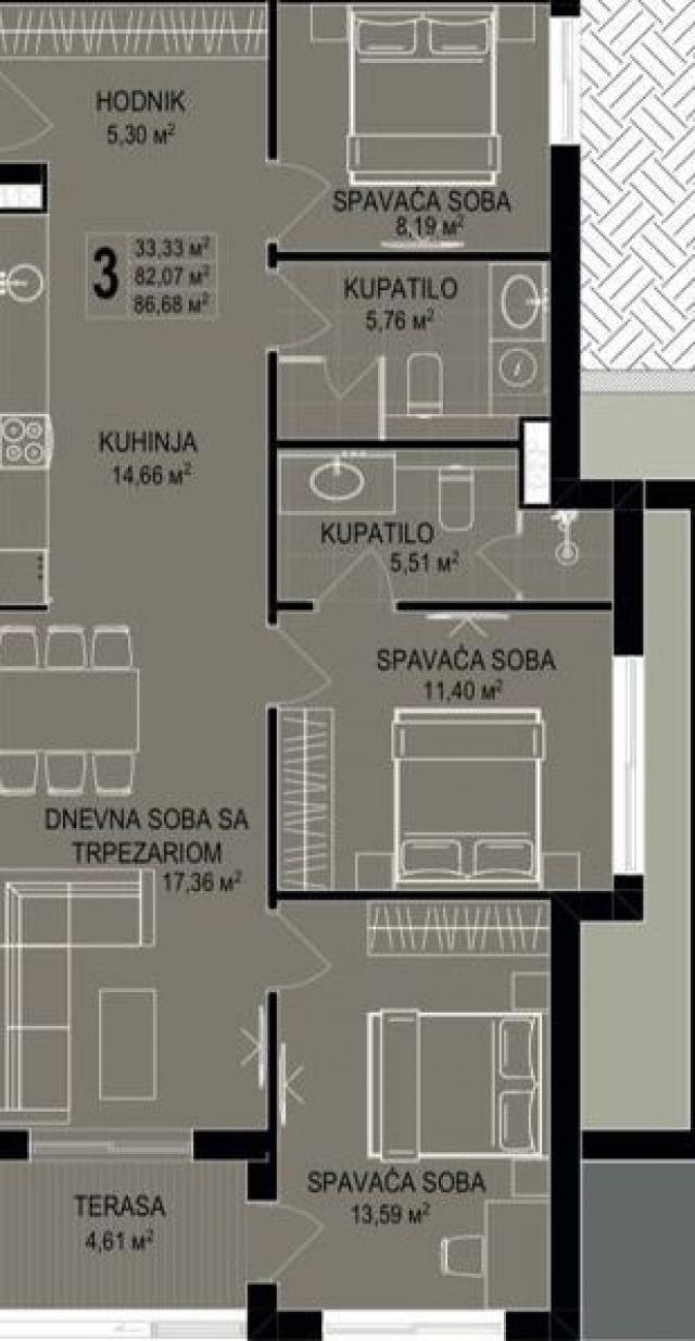 Trosoban stan 84m2 u novom luksuznom stambenom kompleksu u izgradnji u Bečićima, bez poreza, 200 met