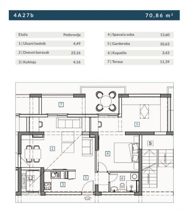 Dvosoban stan 70.86 m² sa dodatnom galerijom u novom stambeno poslovnoj zgradi-Budva, Adok