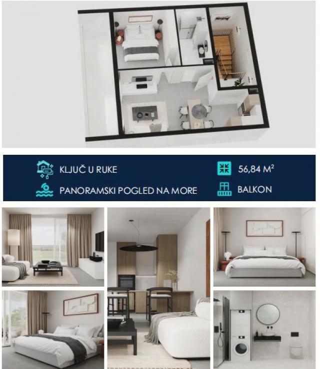 Jednosoban apartman 56.84m2 u novom kompleksu sa panoramskim pogledom na more – Tivat