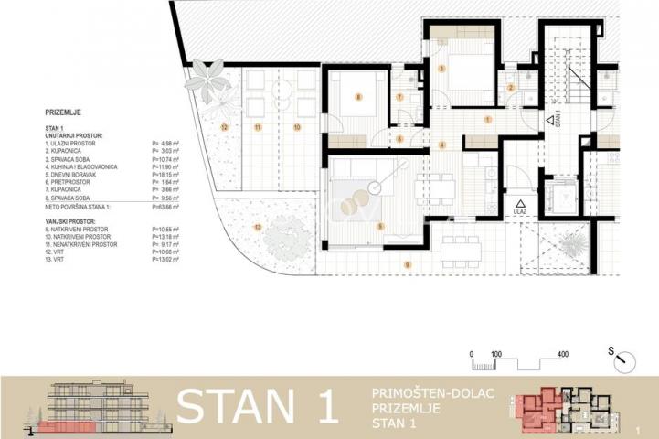 Primošten, NOVOGRADNJA, stan s vrtom, drugi red do mora, 83,26 m²