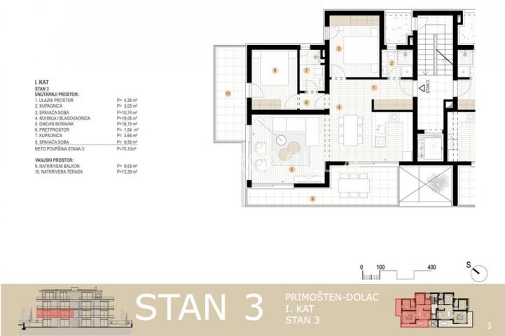 Primošten, NOVOGRADNJA, stan s pogledom na more, drugi red do mora, 84,74 m²