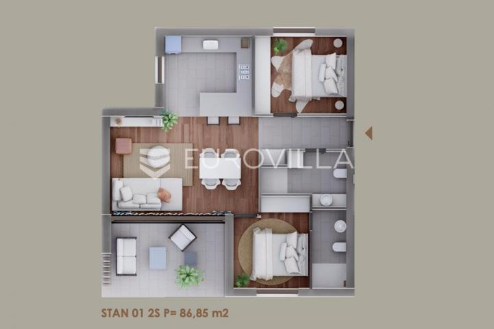 Zadar, Borik moderno koncipiran dvosobni stan u prizemlju s vrtom 85,59 m², S1