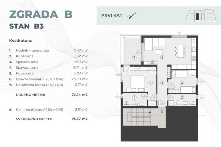 Istra, Fažana, luksuzni trosobni stan 75.37 m², 1. kat, 1.2 km od mora, zatvoreni kompleks
