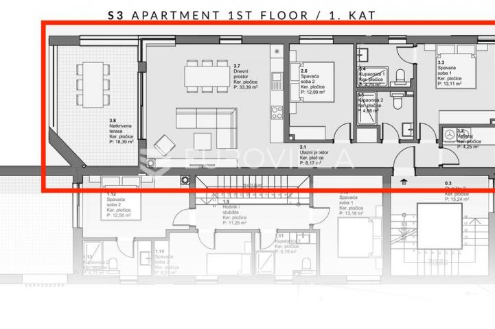 Vodice, lijep dvosoban stan s pogledom na more, 97,28 m²