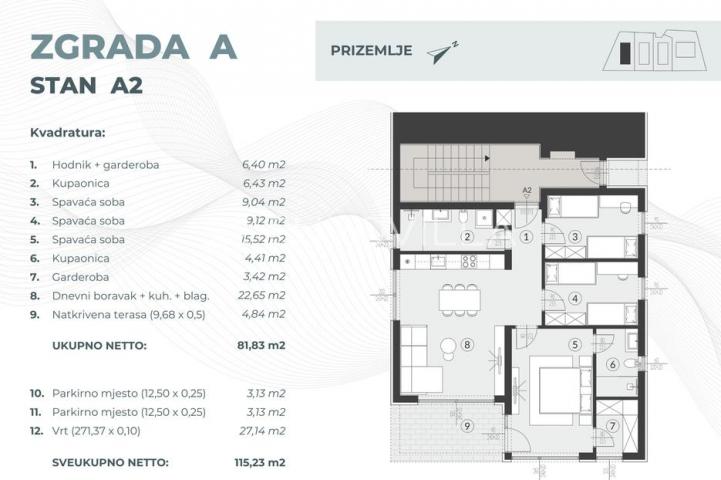 Istra, Fažana, luksuzan četverosoban stan 115.23 m², vrt 271.37 m², 1.2km od mora, zatvoreni komplek