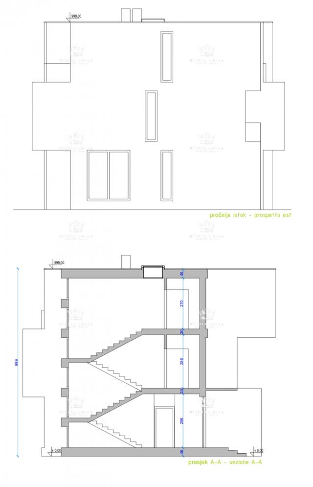 Istria, Murine, building land 900 m2, project for 6 apartments, building permit, 9 parking spaces