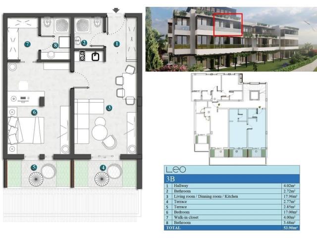 Jednosoban stan 64m2+33.52m2 gratis terase u novom stambenom kompleksu sa bazenom-Kumbor, Herceg Nov