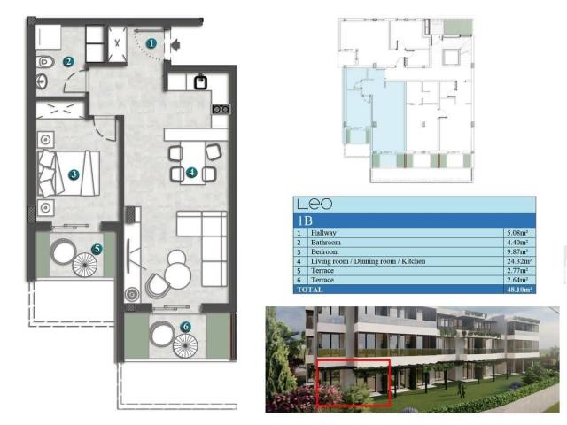 Jednosoban stan 48.19m2 u novom stambenom kompleksu sa bazenom-Kumbor, Herceg Novi