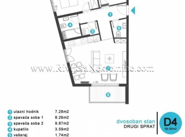 Two-bedroom apartment for sale under construction in Tivat
