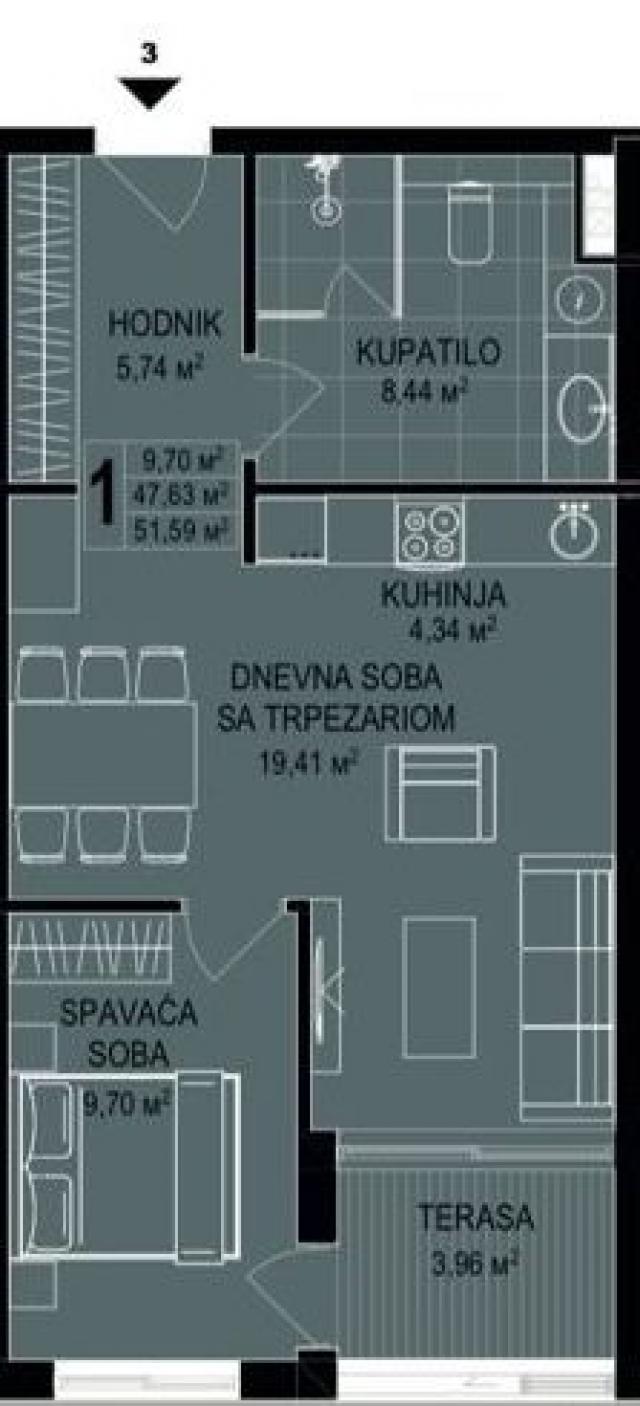 Jednosoban stan 52m2 u novom luksuznom stambenom kompleksu u izgradnji u Bečićima, bez poreza, 200 m