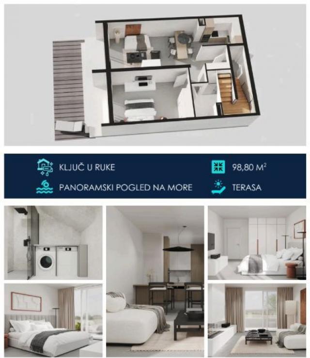 Jednosoban apartman 98.8m2 u novom kompleksu sa panoramskim pogledom na more – Tivat