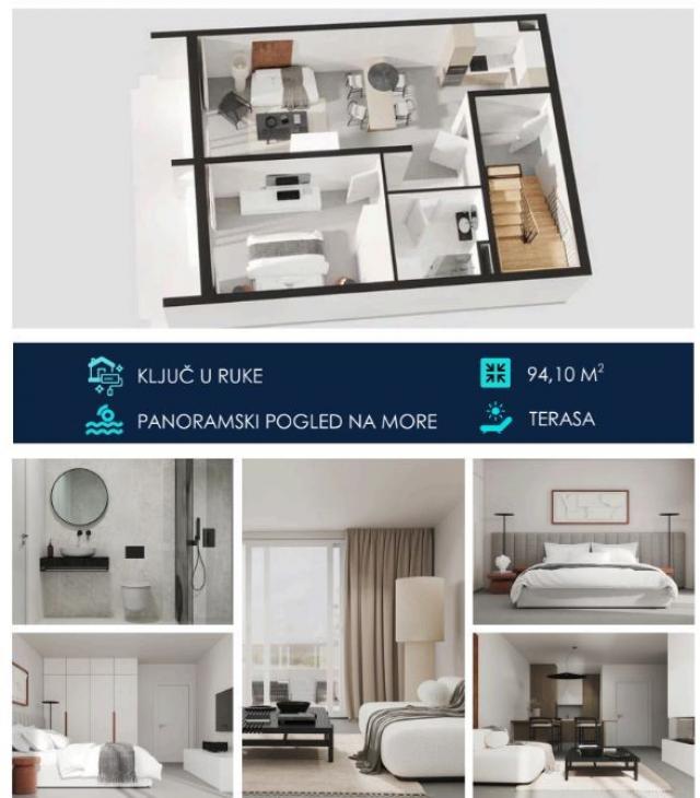 Jednosoban apartman 94.1m2 u novom kompleksu sa panoramskim pogledom na more – Tivat