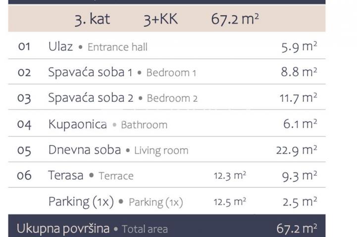Istra, Premantura, luksuzni i komforni trosobni stan 2. kat, 67 m², 500 od mora