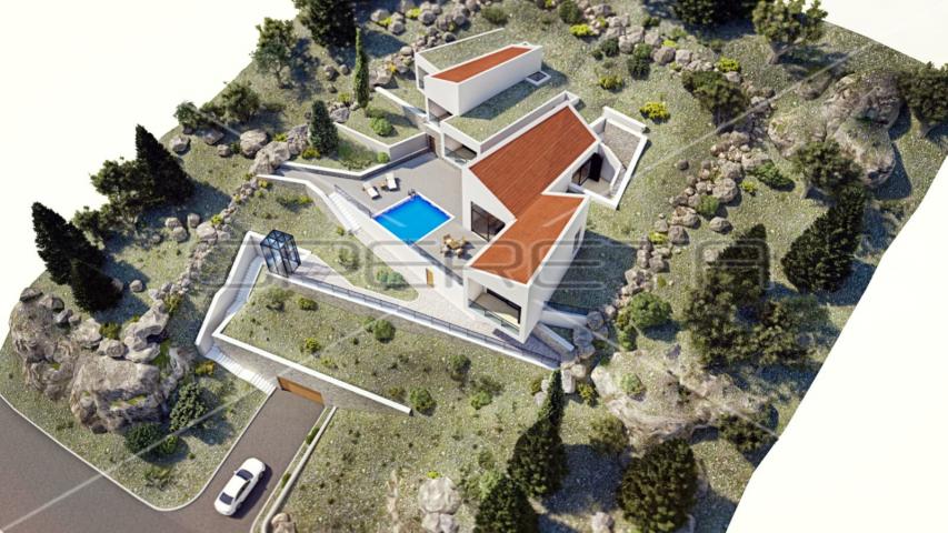 Zemljište s projektom luksuzne vile modernog dizajna prvi red do mora, Starigrad