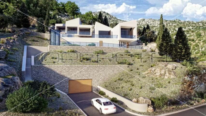 Zemljište s projektom luksuzne vile modernog dizajna prvi red do mora, Starigrad