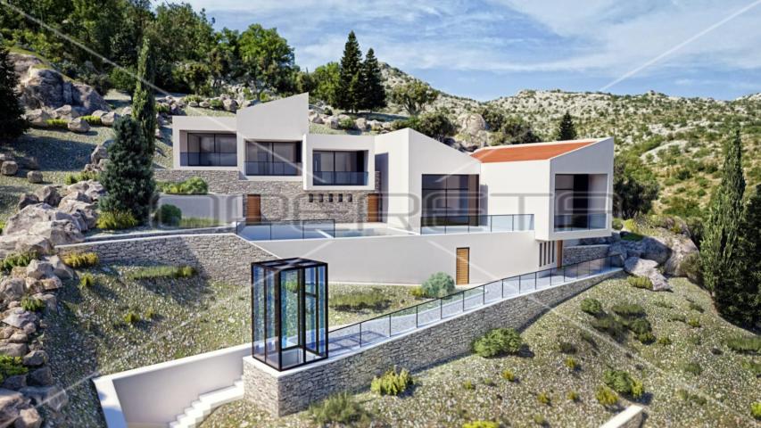Zemljište s projektom luksuzne vile modernog dizajna prvi red do mora, Starigrad