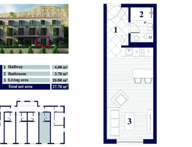 The last studio with a terrace in a new complex 90 meters from the sea in Prcanj, Kotor Bay