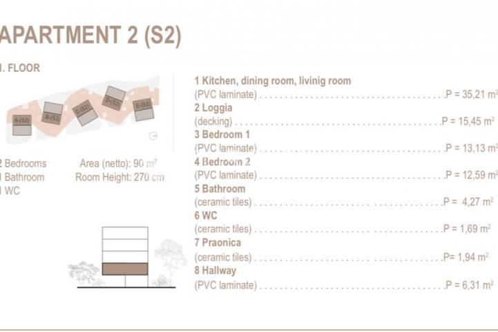 Trogir, Seget Donji, dvosoban stan na prvom katu neto korisne površine 90 m², S2, B