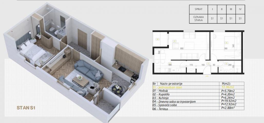 Jednosoban stan 51.86m2 u novogradnji – Budva, Potkošljun