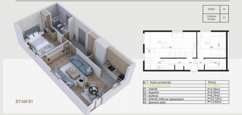 Jednosoban stan 39.57m2 u novogradnji – Budva, Potkošljun