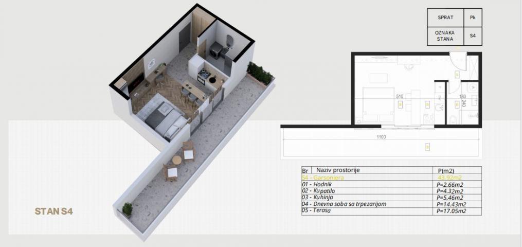 Studio apartman 43.92m2 u novogradnji – Budva, Potkošljun