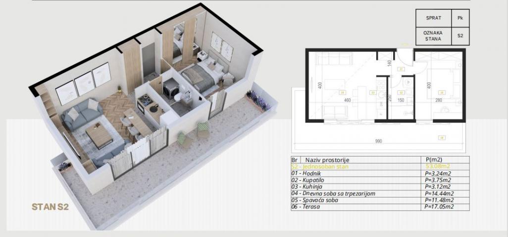 Studio apartman 43.92m2 u novogradnji – Budva, Potkošljun