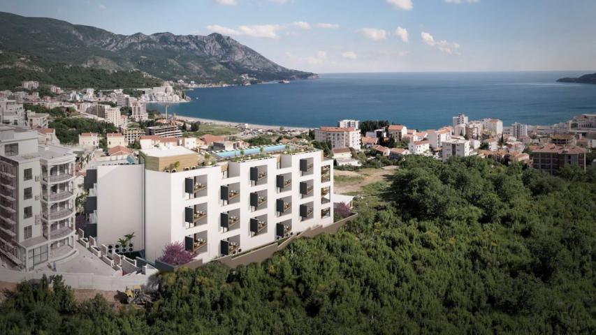 Jednosoban stan 54m2 sa pogledom na more u novom stambenom kompleksu sa bazenom, Becici