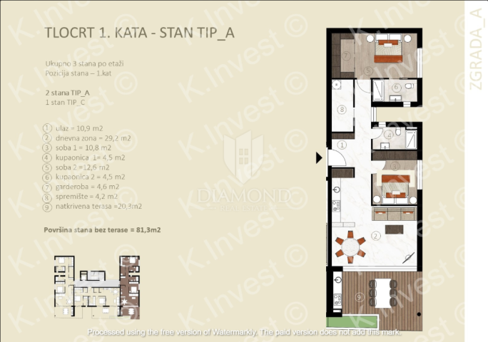 Novigrad, moderan stan 95 m2 sa 2 spavaće sobe i terasom!