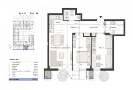 Centar-Pogodan Trosoban stan  70m2 u Izgradnji-povraćaj PDV-a-065/385 8880