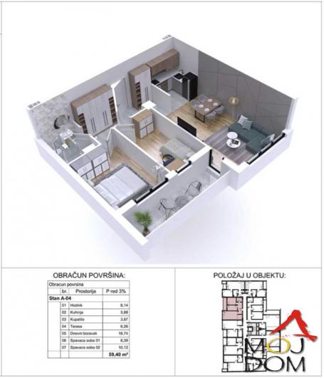 NOVI SAD - PODBARA - TROSOBAN STAN - 59 m2 - 200,500€