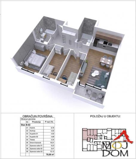 NOVI SAD - PODBARA - ČETVOROSOBAN STAN - 78 m2 - 265,100€