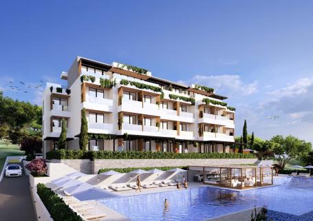 Jednosoban stan 42.77m2+31.55m2 gratis terase u novom stambenom kompleksu sa bazenom-Kumbor, Herceg 